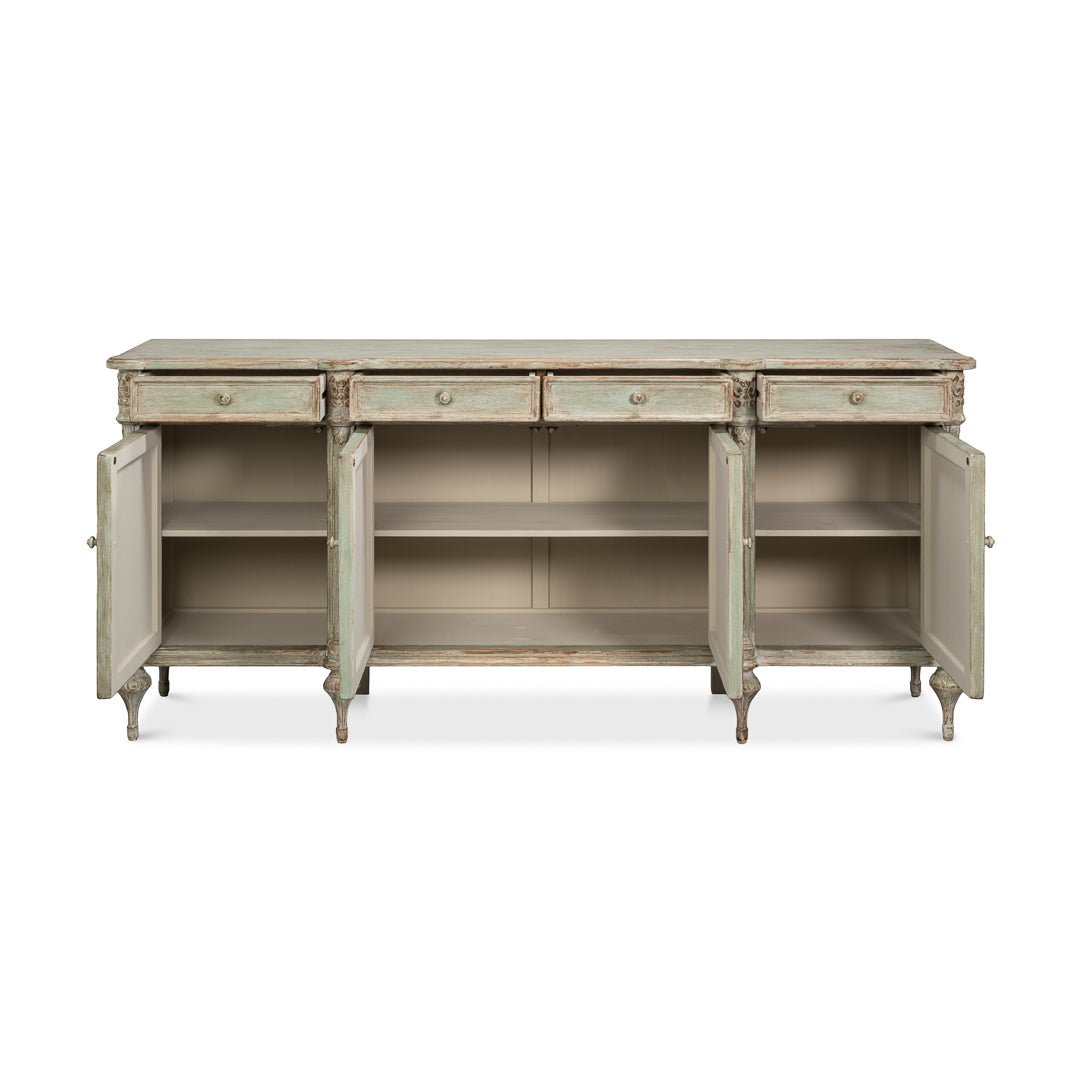 French Provincial buffet sideboard with open doors.