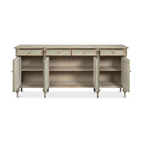 French Provincial buffet sideboard with open doors.