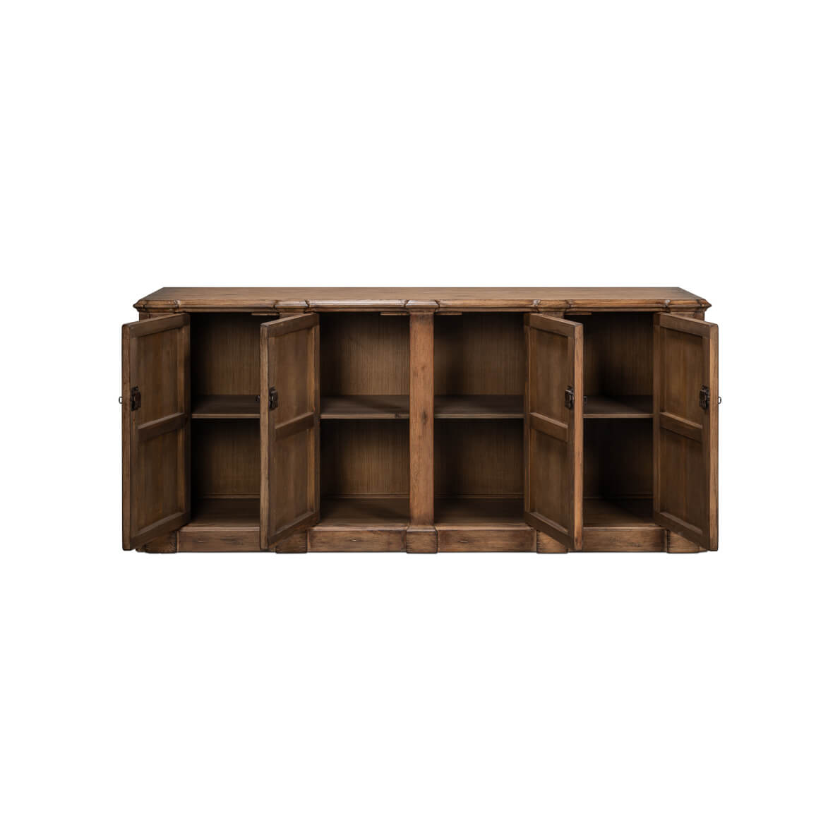 Interior shelves of French Provincial sideboard with open doors.