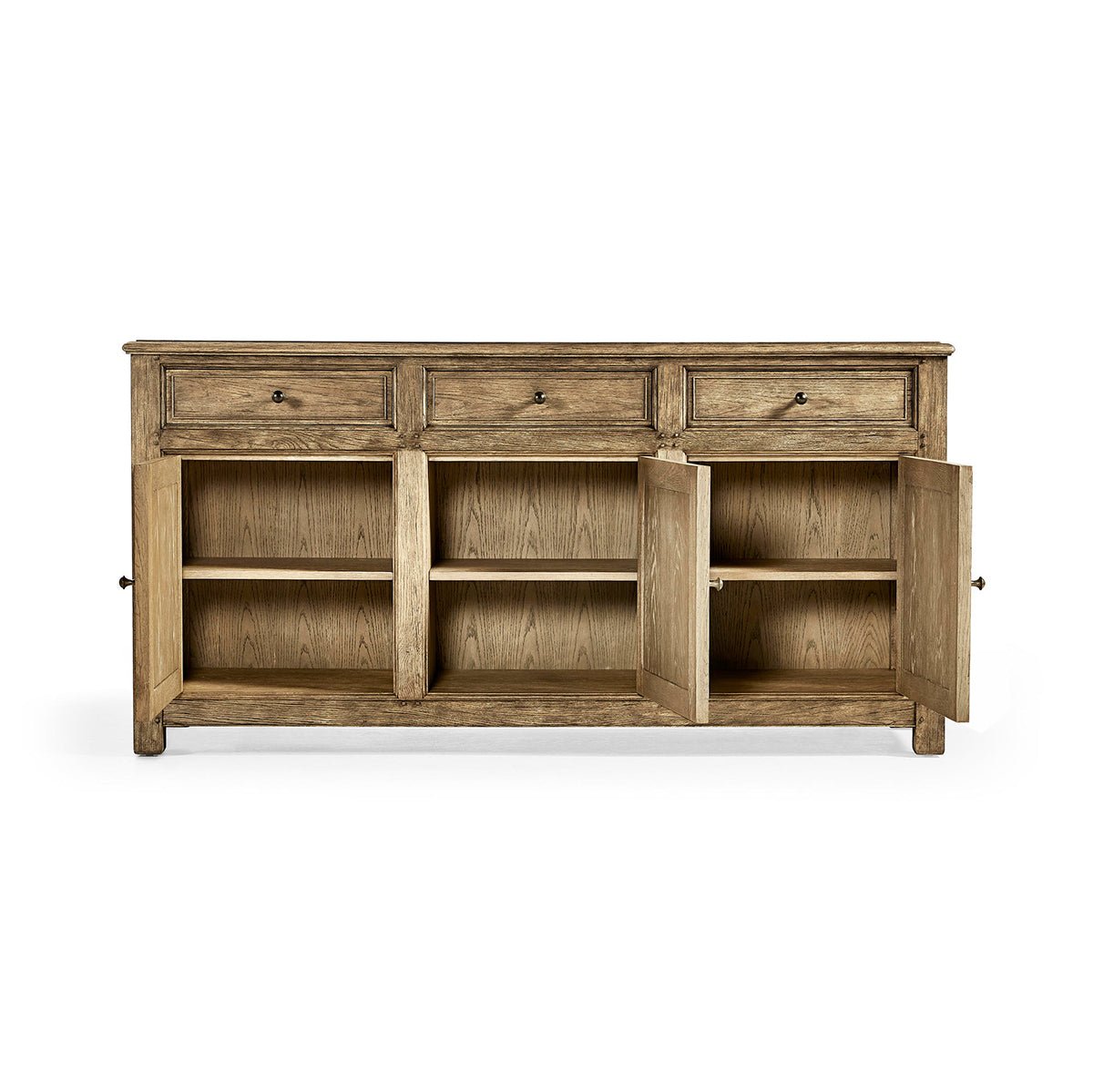 Front view of sideboard with doors and shelves open.