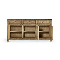 Front view of sideboard with doors and shelves open.