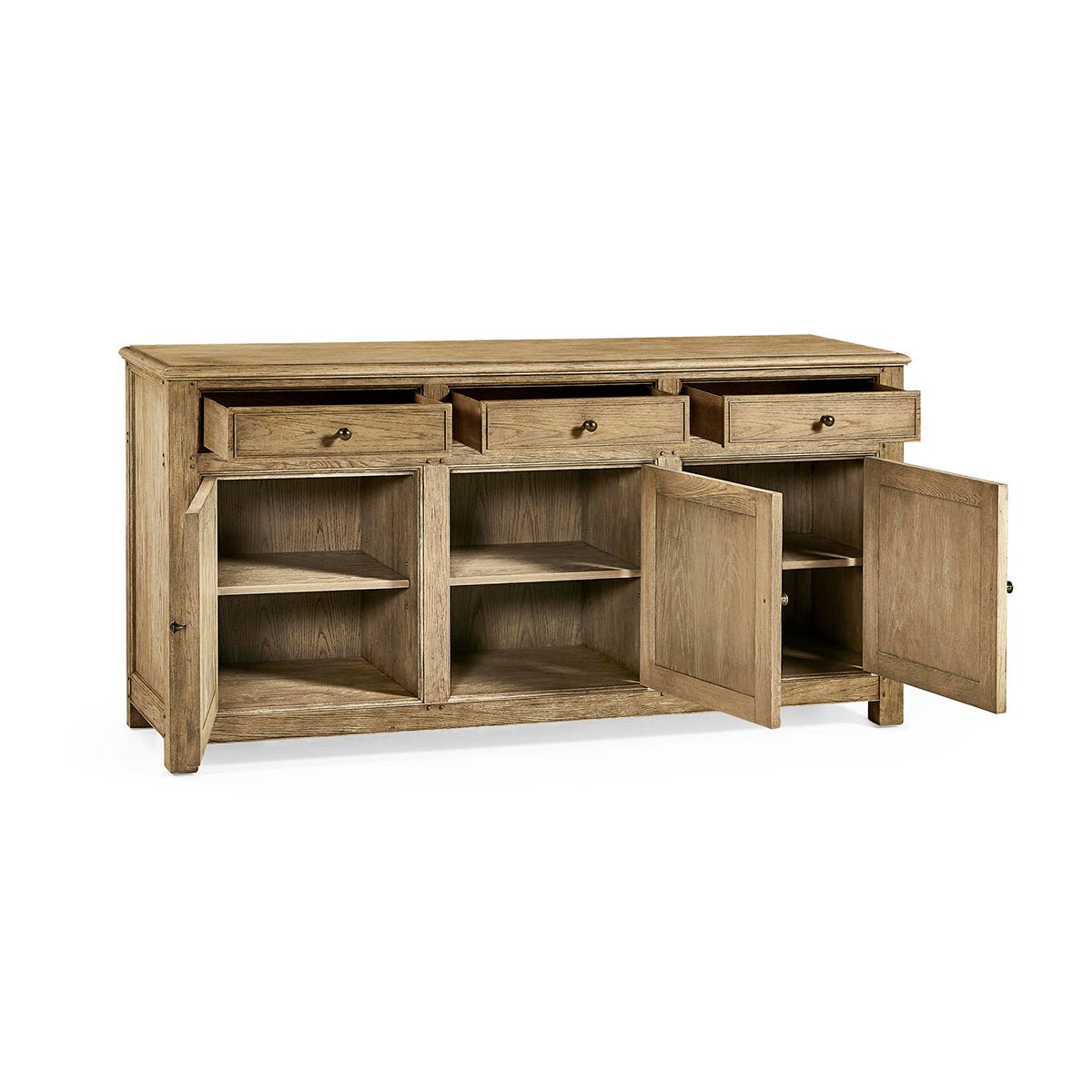 Angled view of sideboard with drawers and doors open.