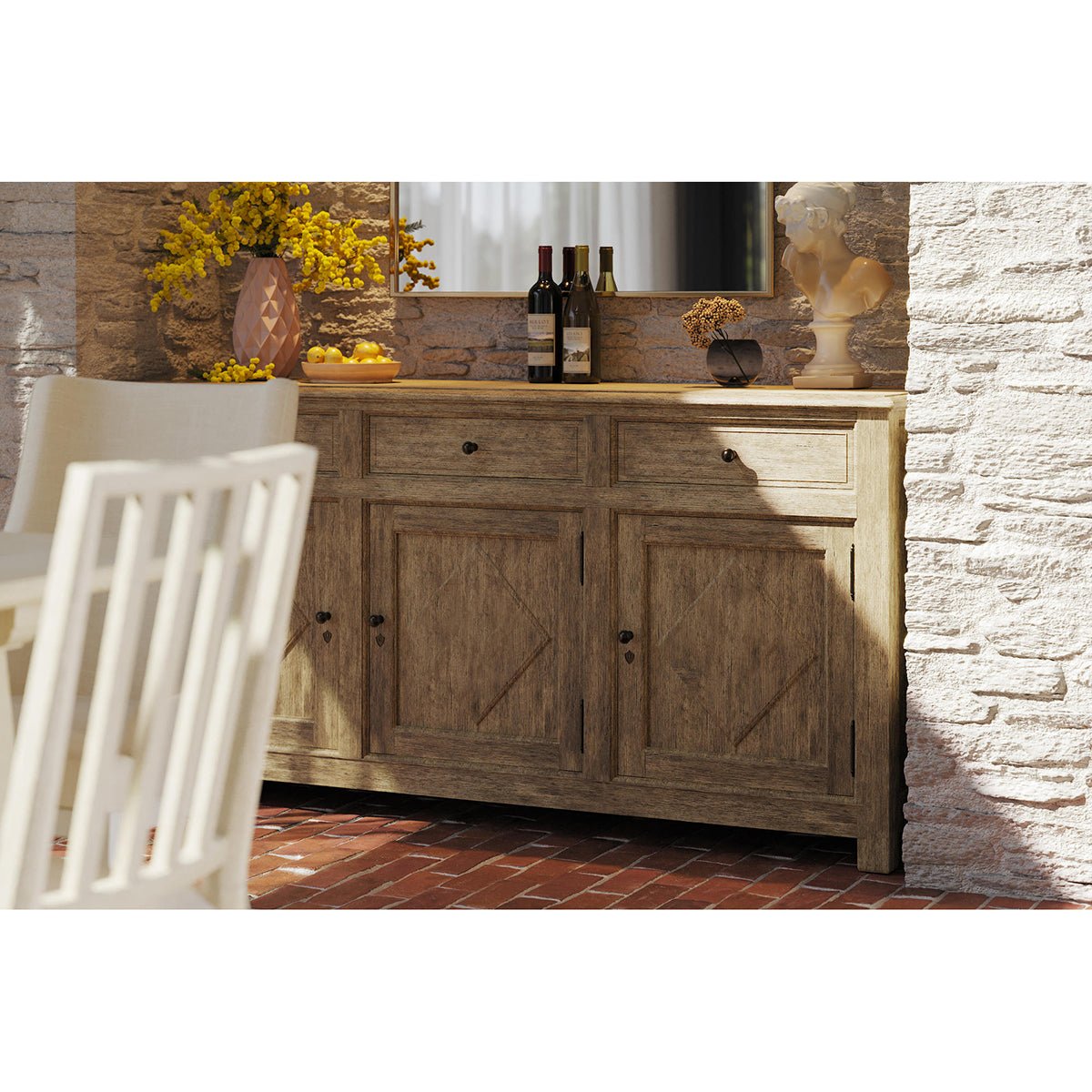Sideboard styled in dining area with décor items.