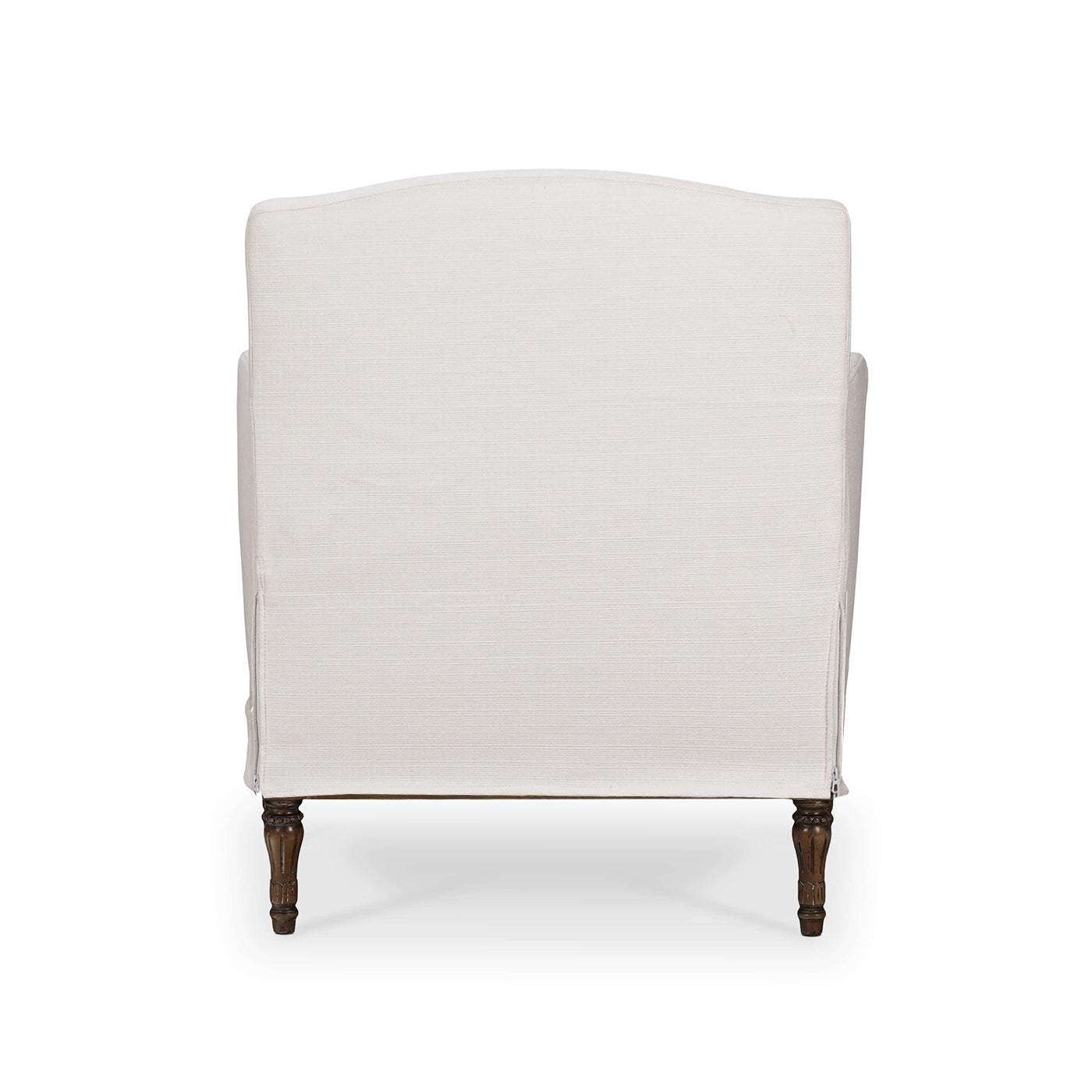 Back view of white armchair with slipcover.