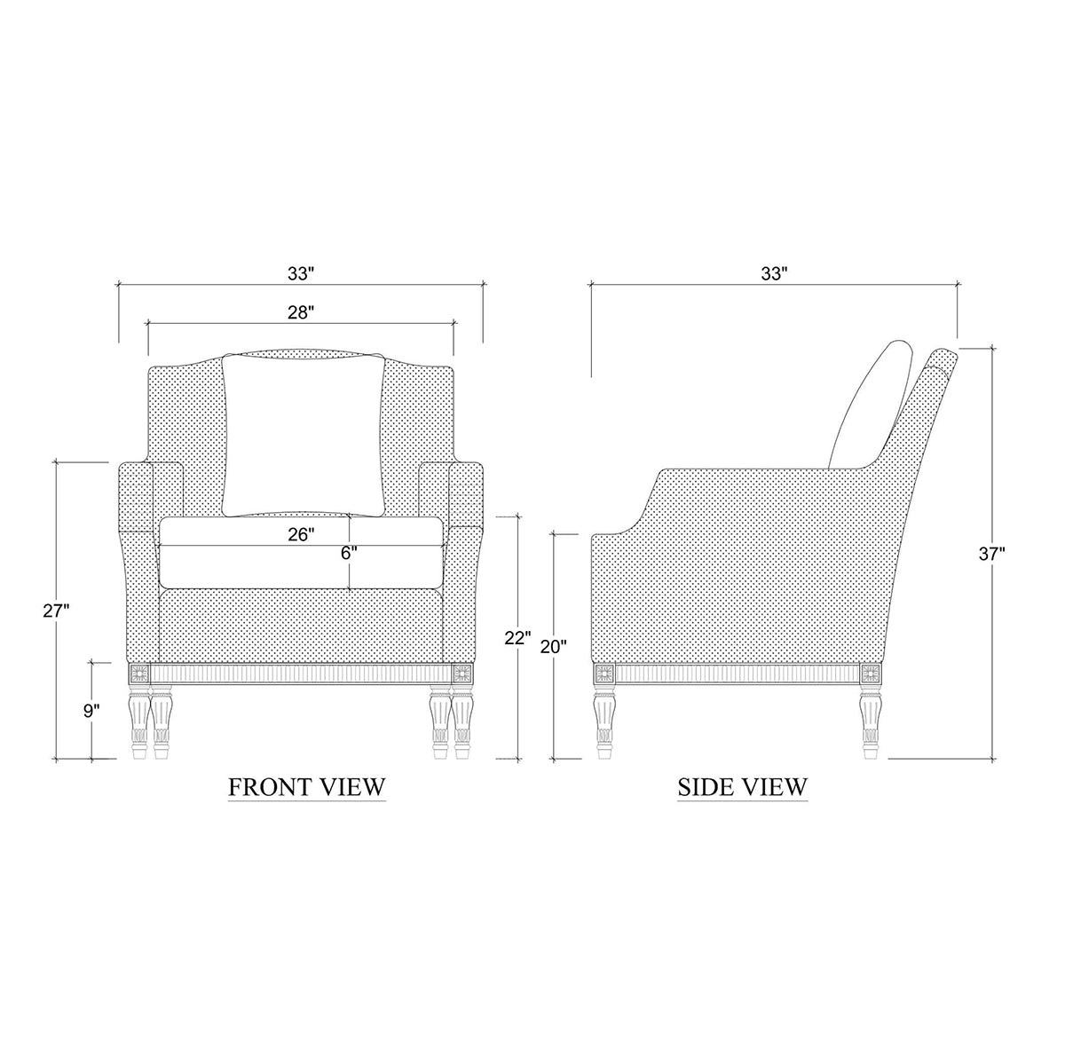 Armchair dimensions diagram, front and side views.