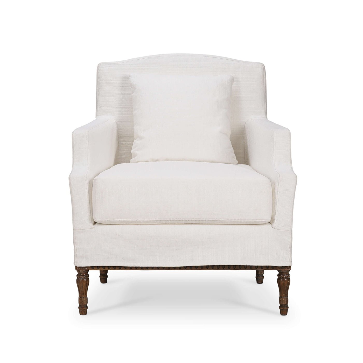 Front view armchair with cushion and slipcover.