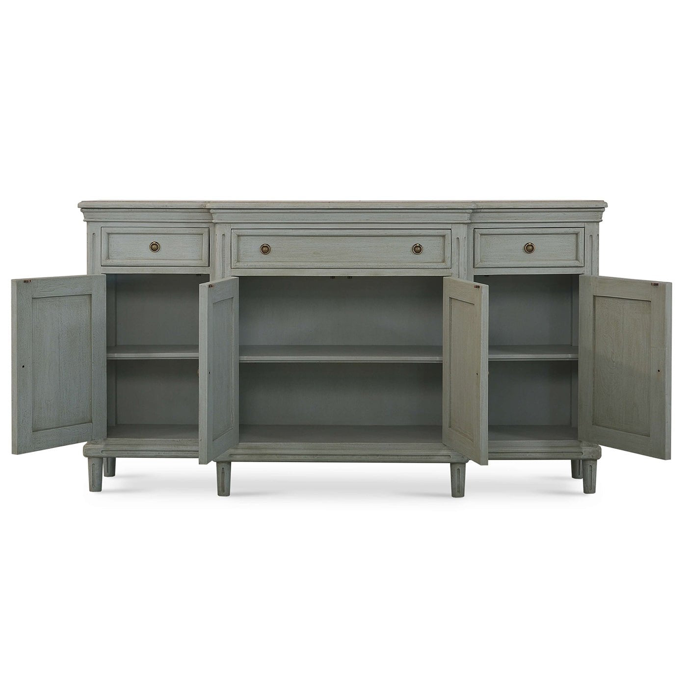 Open French Provincial credenza showing spacious interior storage.