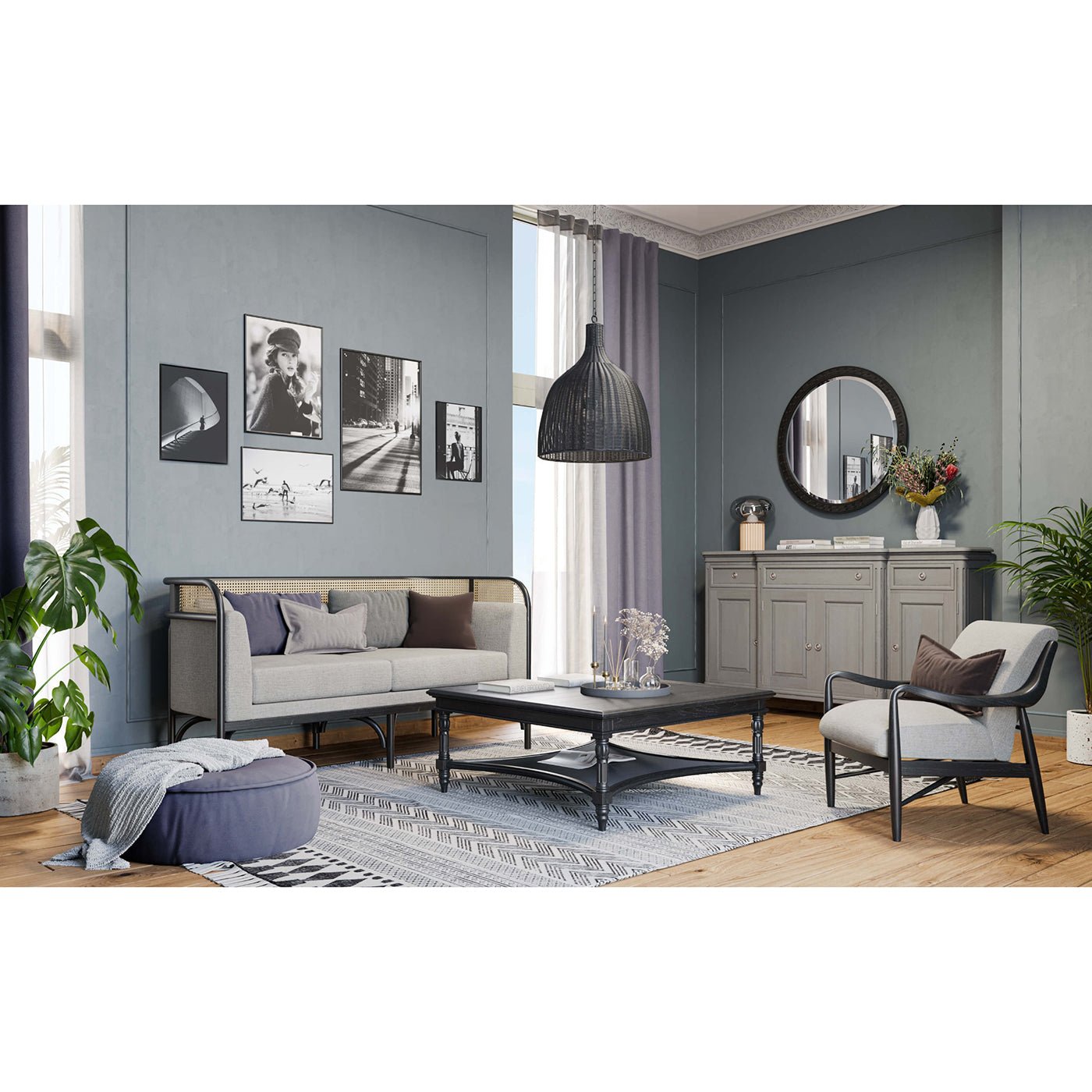Living room with French Provincial credenza and decor.