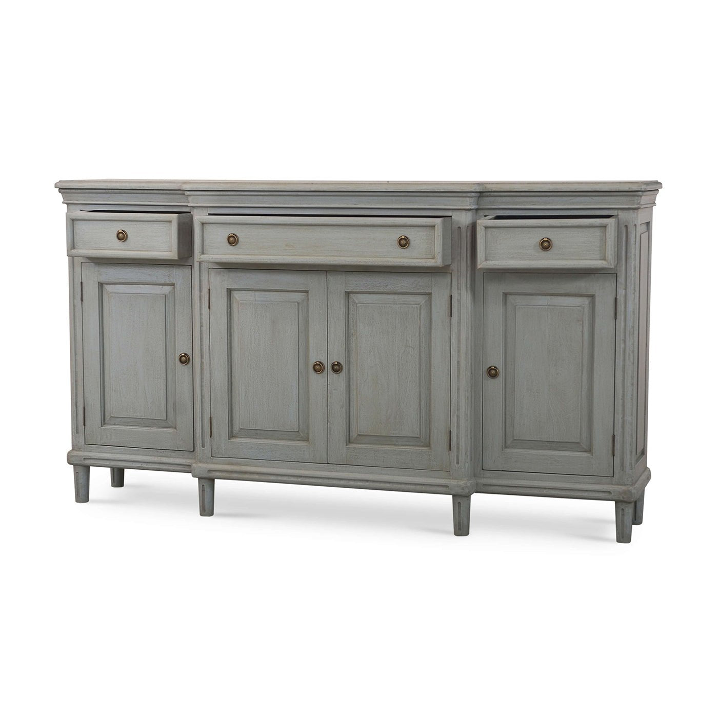 Angled view of grey French Provincial style credenza.
