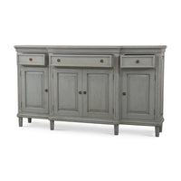 Angled view of grey French Provincial style credenza.