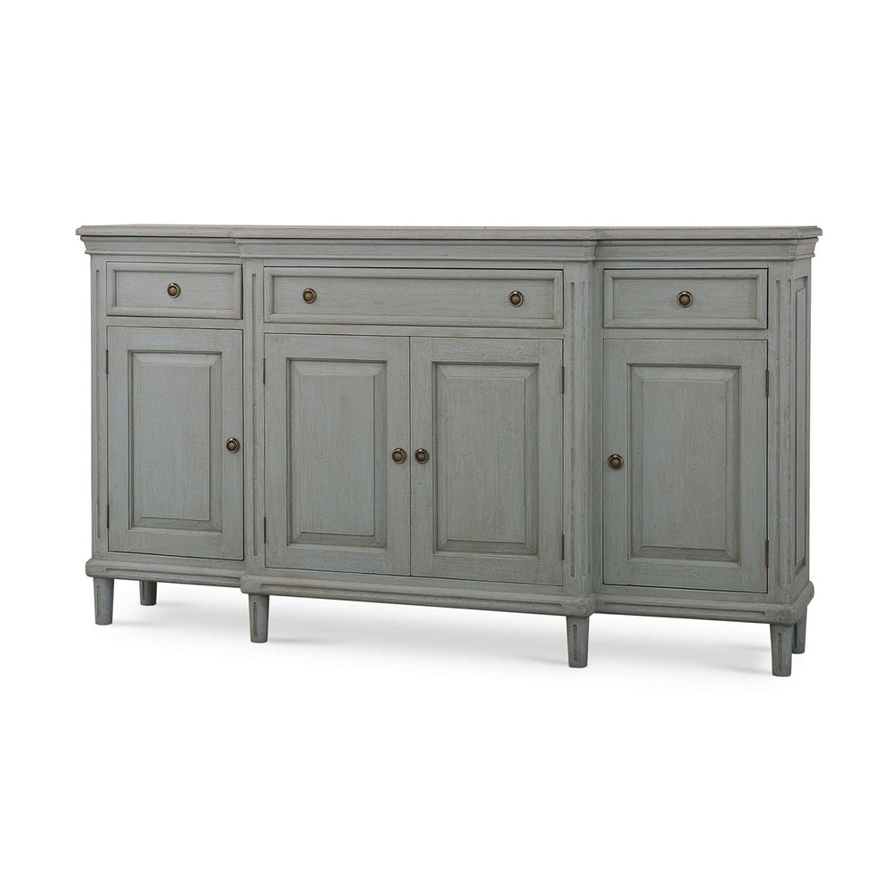 Front view of grey French Provincial style credenza.