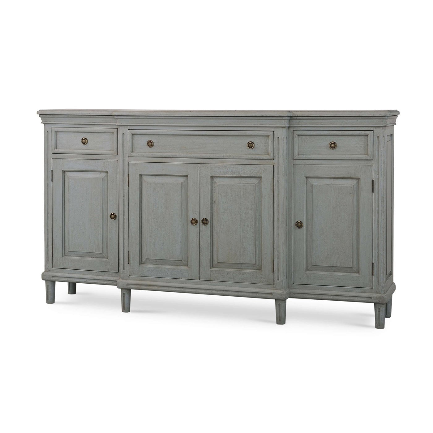 Front view of grey French Provincial style credenza.