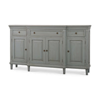 Front view of grey French Provincial style credenza.