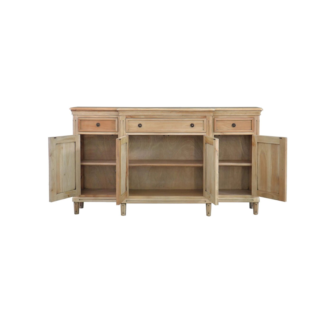 Open doors showing interior storage of credenza.
