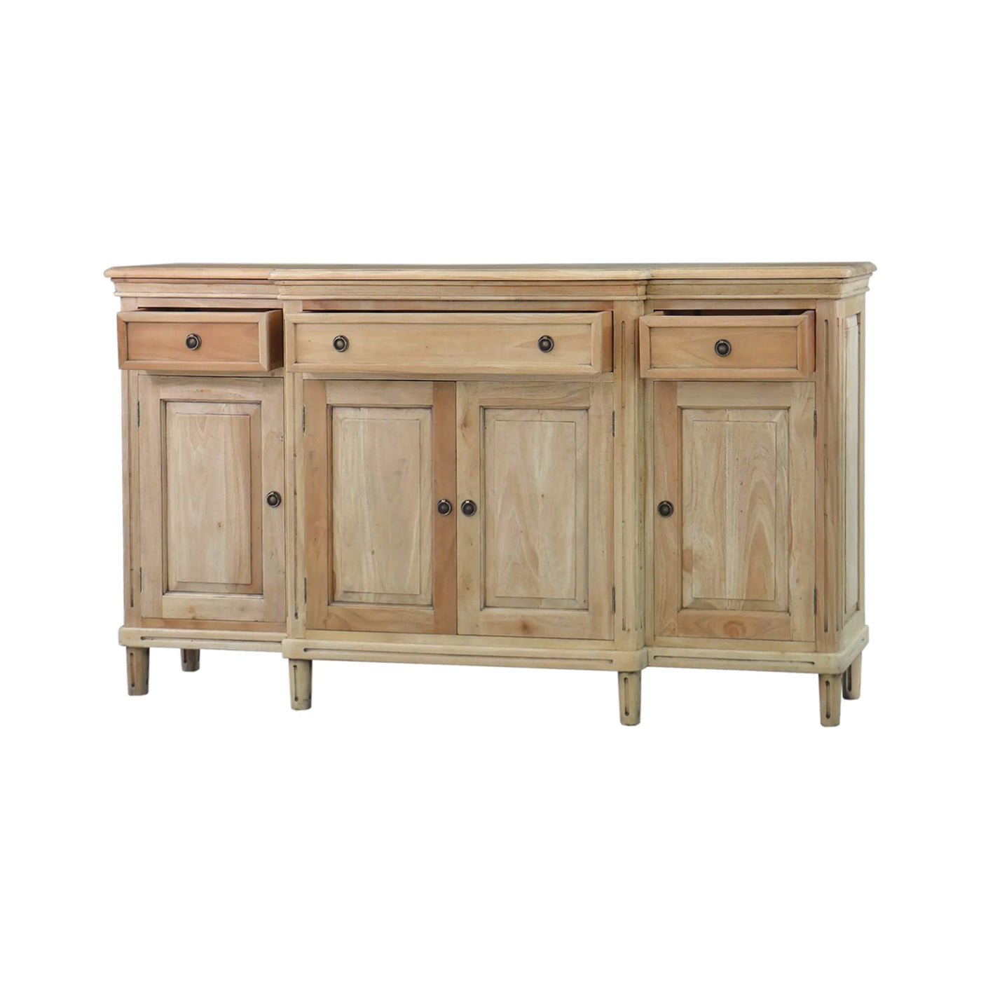 Side angle of French provincial credenza.