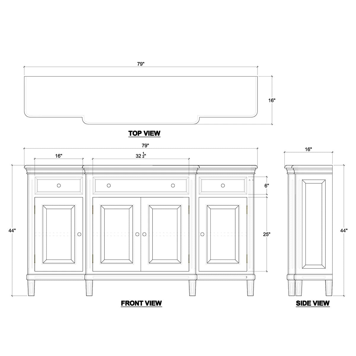 Technical drawing of French provincial style credenza dimensions.