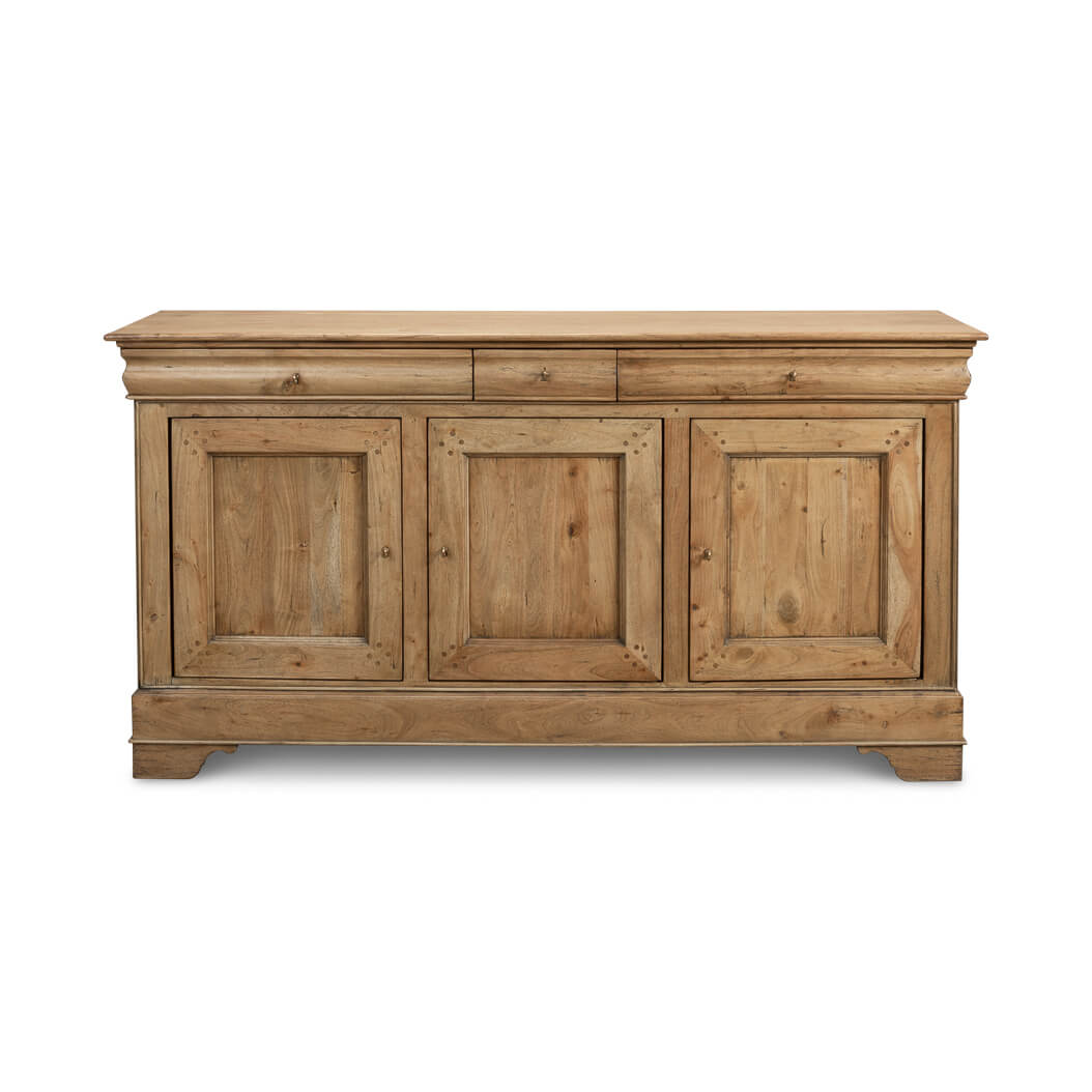Front view of wooden sideboard, three cabinets.