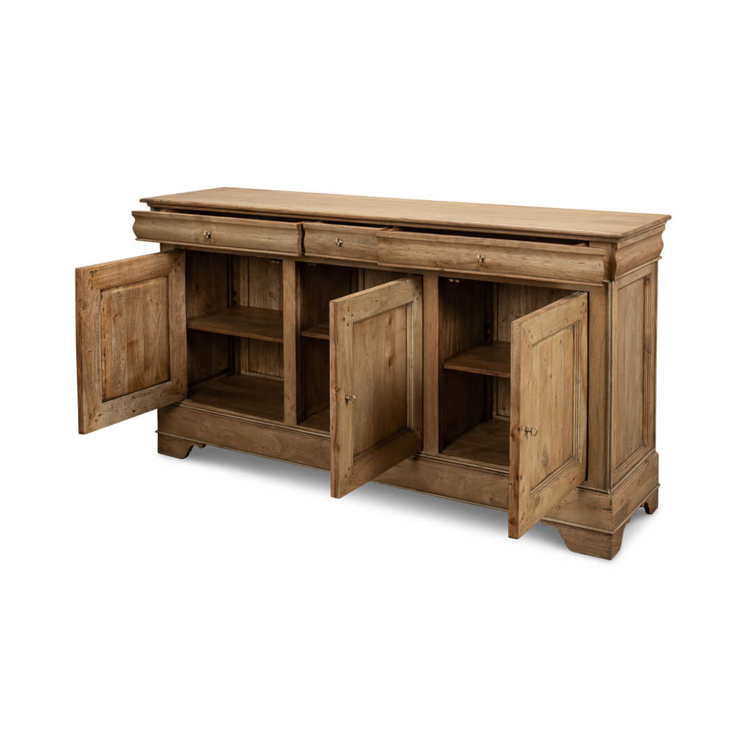 Open cabinets, shelves inside French provincial sideboard.