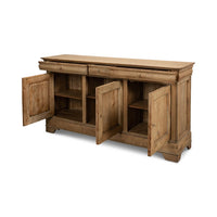 Open cabinets, shelves inside French provincial sideboard.