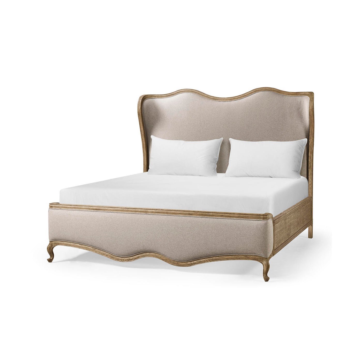 Front view of French Provincial upholstered oak bed.