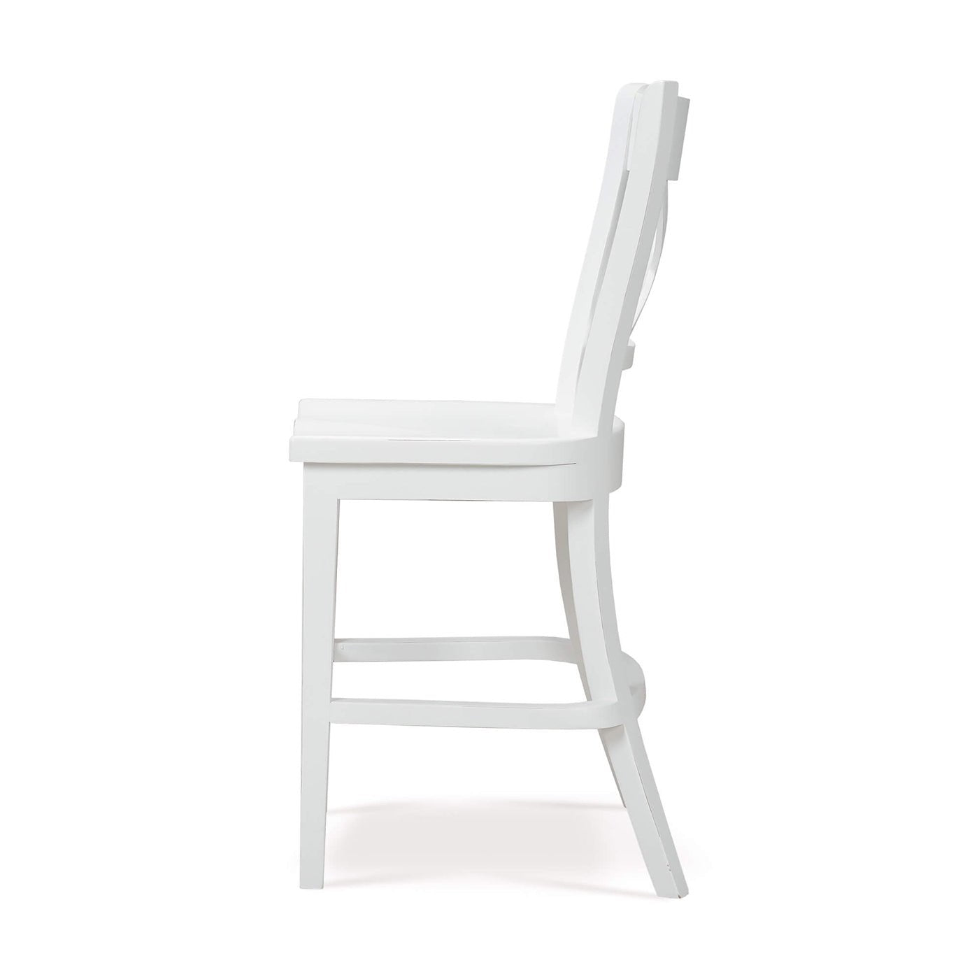 White counter stool, side view, curved backrest