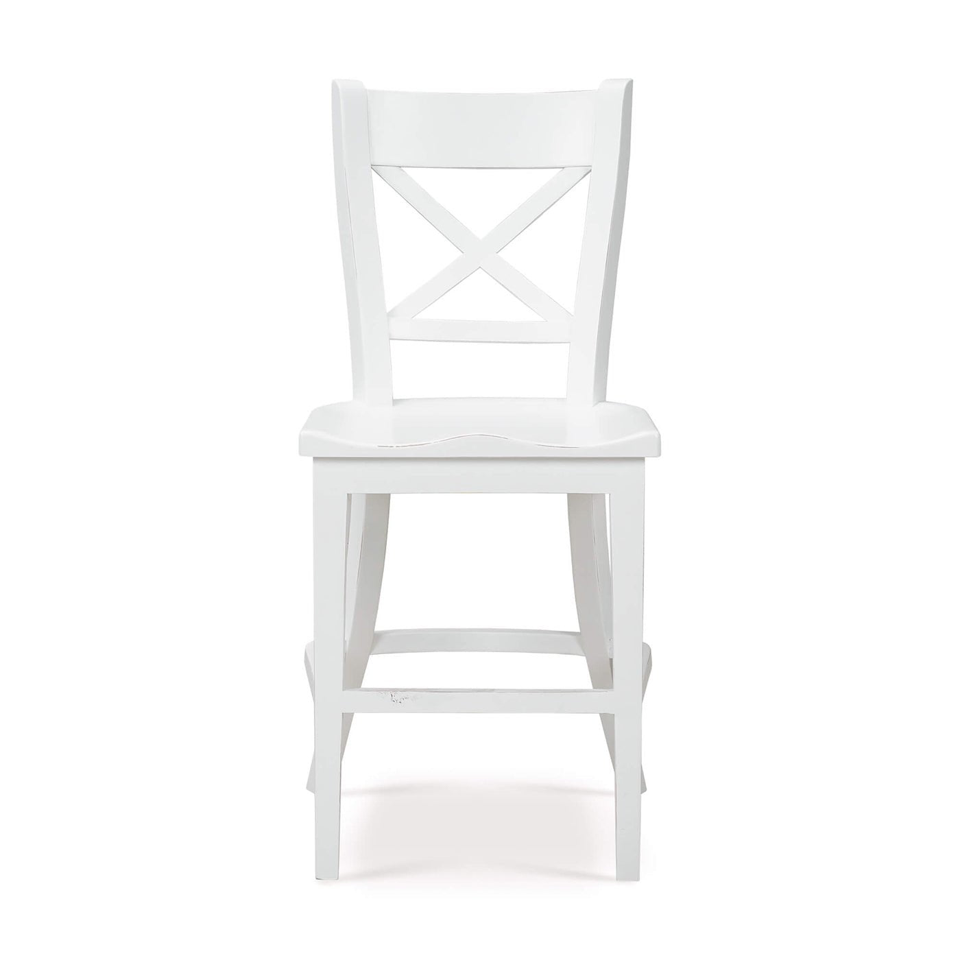 White counter stool, front view, wooden X-back design