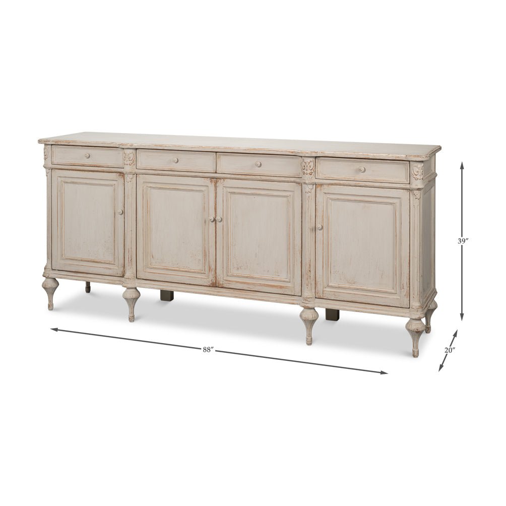 French Provincial sideboard with dimensions displayed