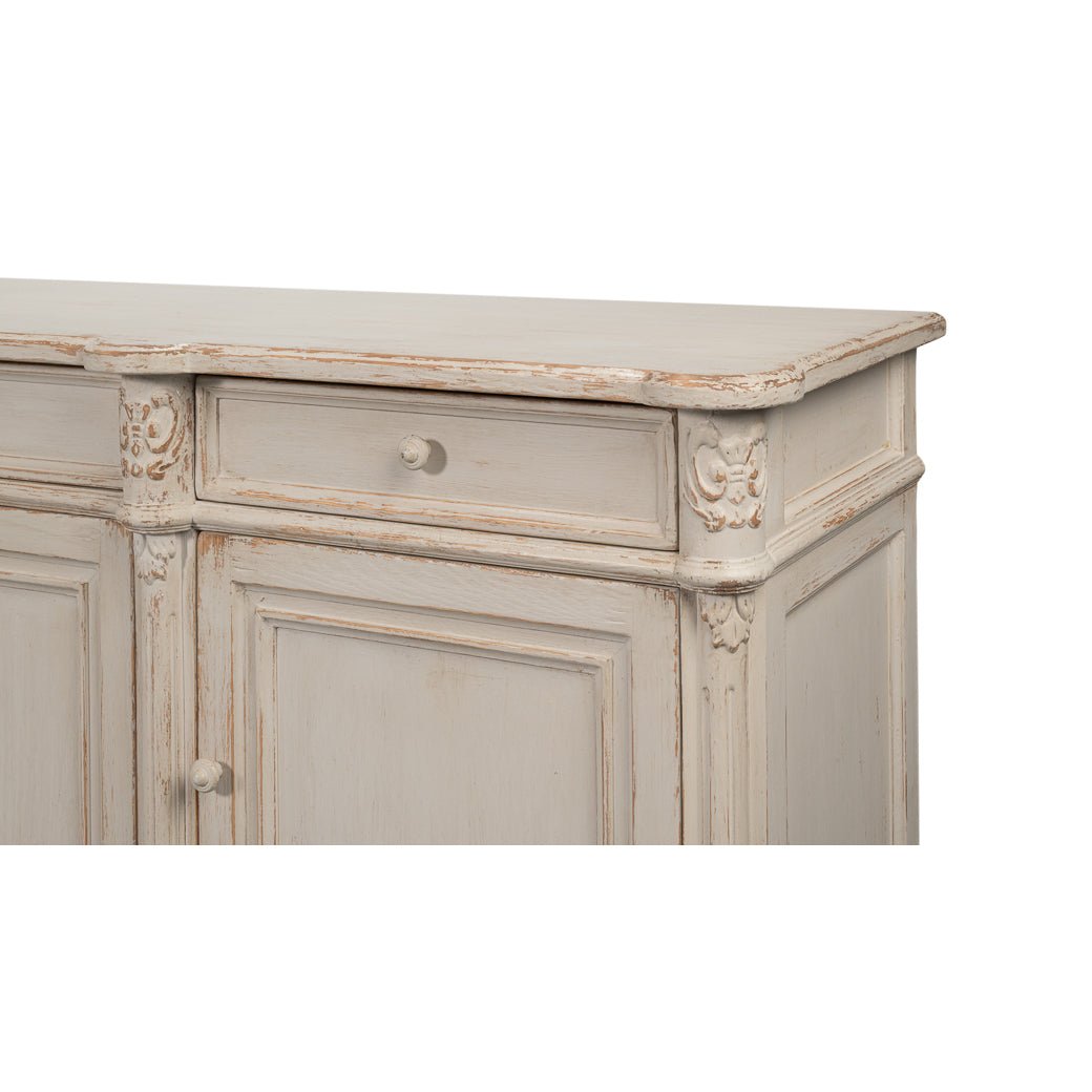 French Provincial sideboard top and drawer detail