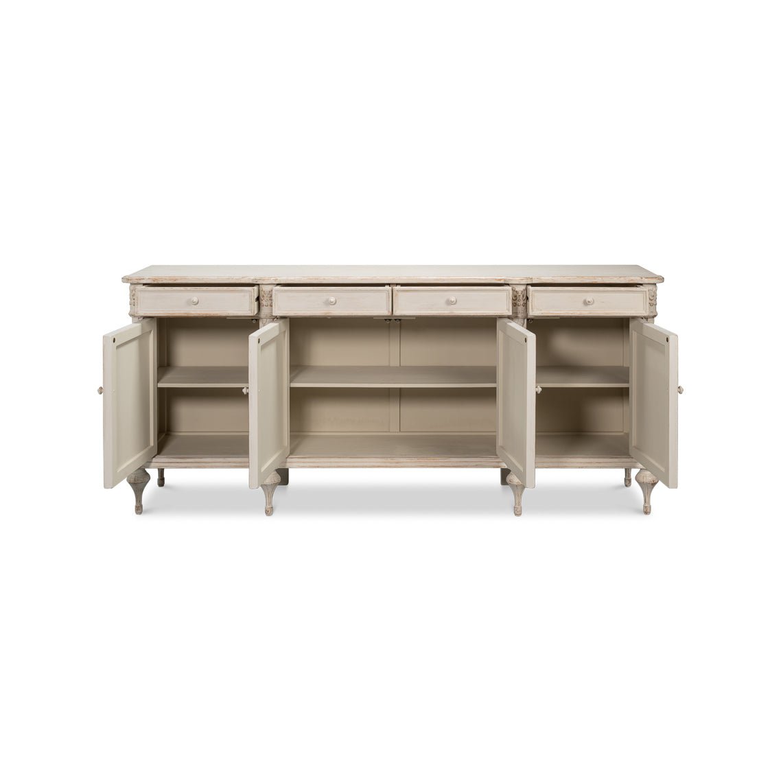 French Provincial sideboard open doors showing shelves