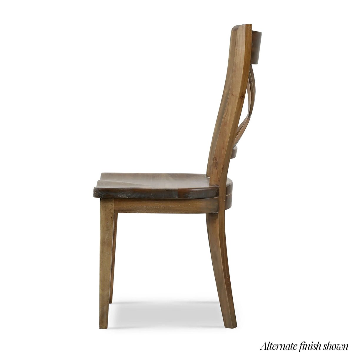 Wooden dining chair, side profile, alternate finish shown.