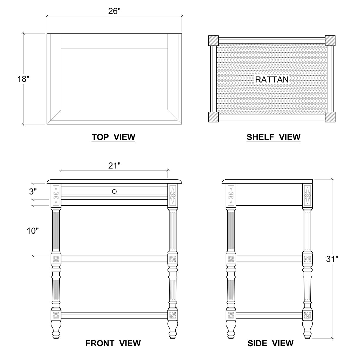 Dimensions of French Provincial white painted end table.