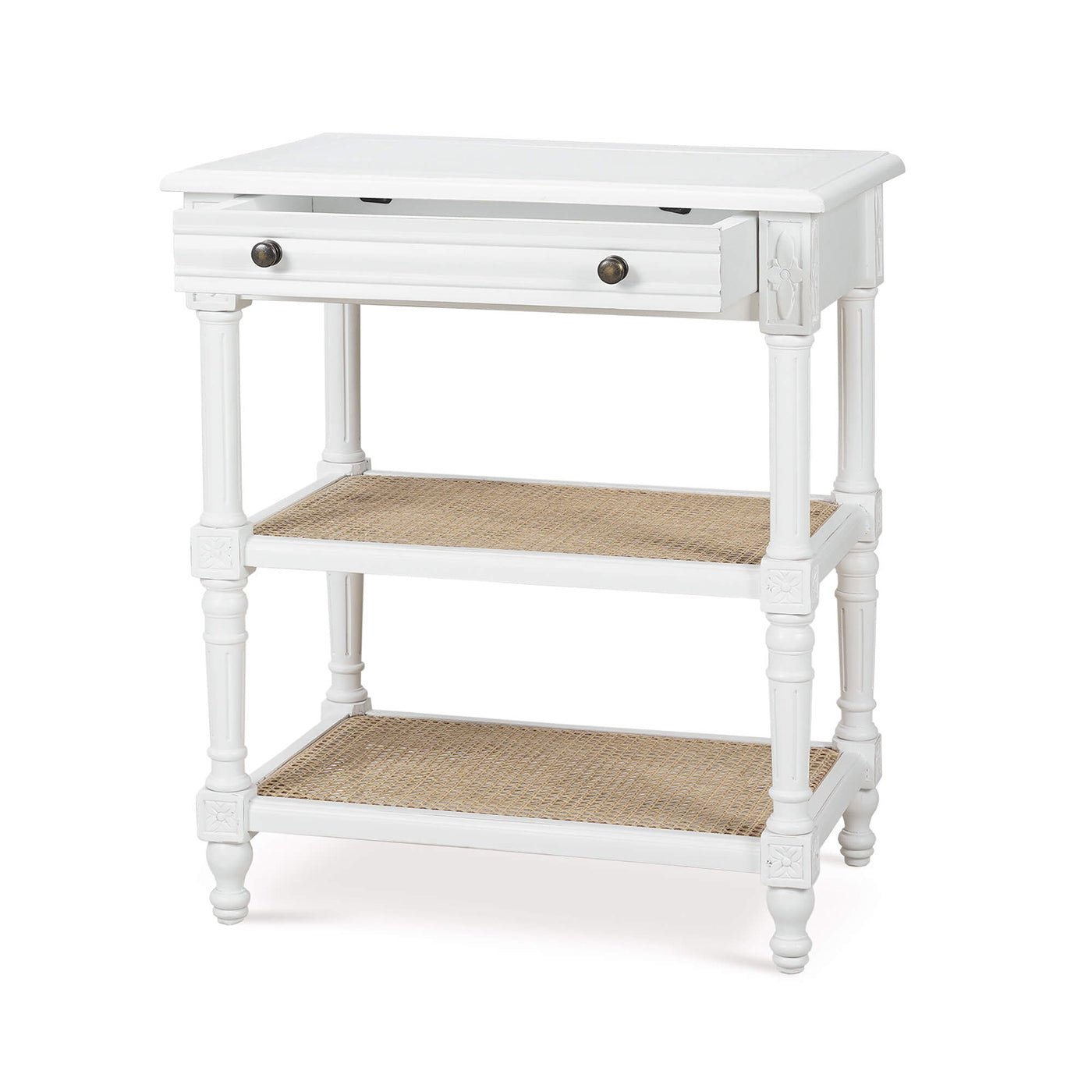 French Provincial white end table angled side view.