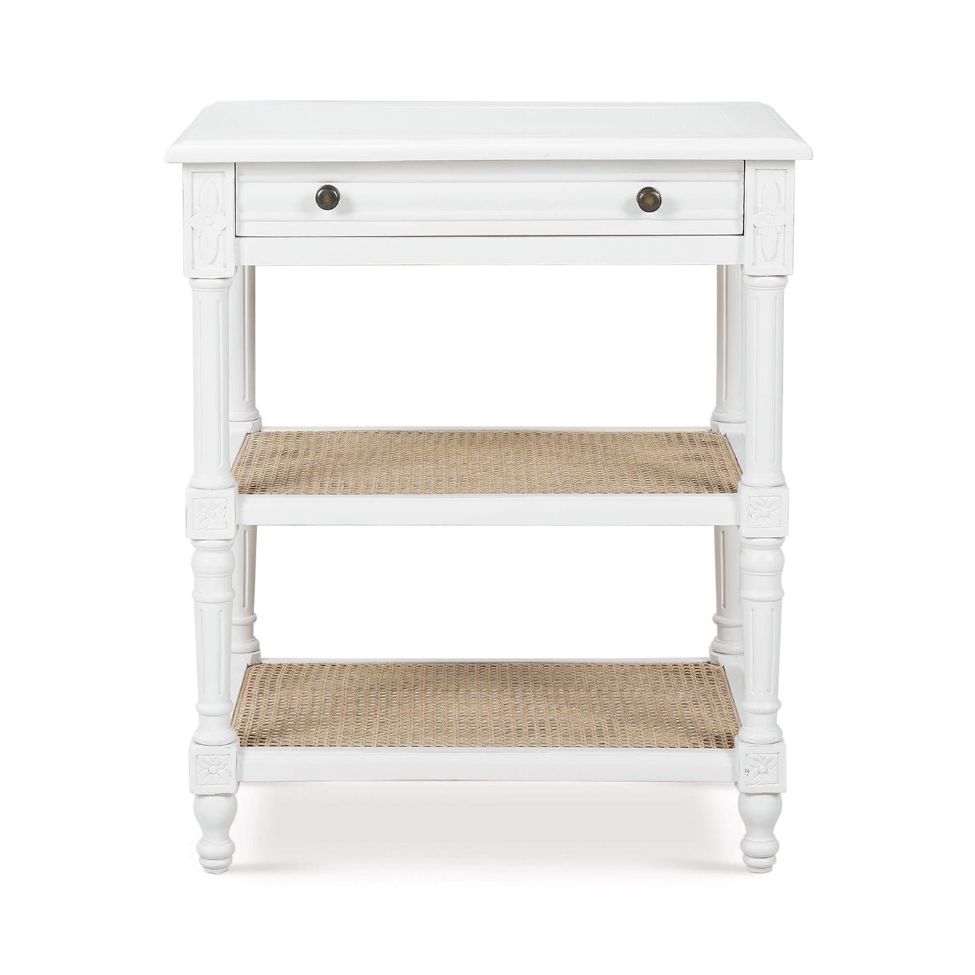 French Provincial white end table front view.