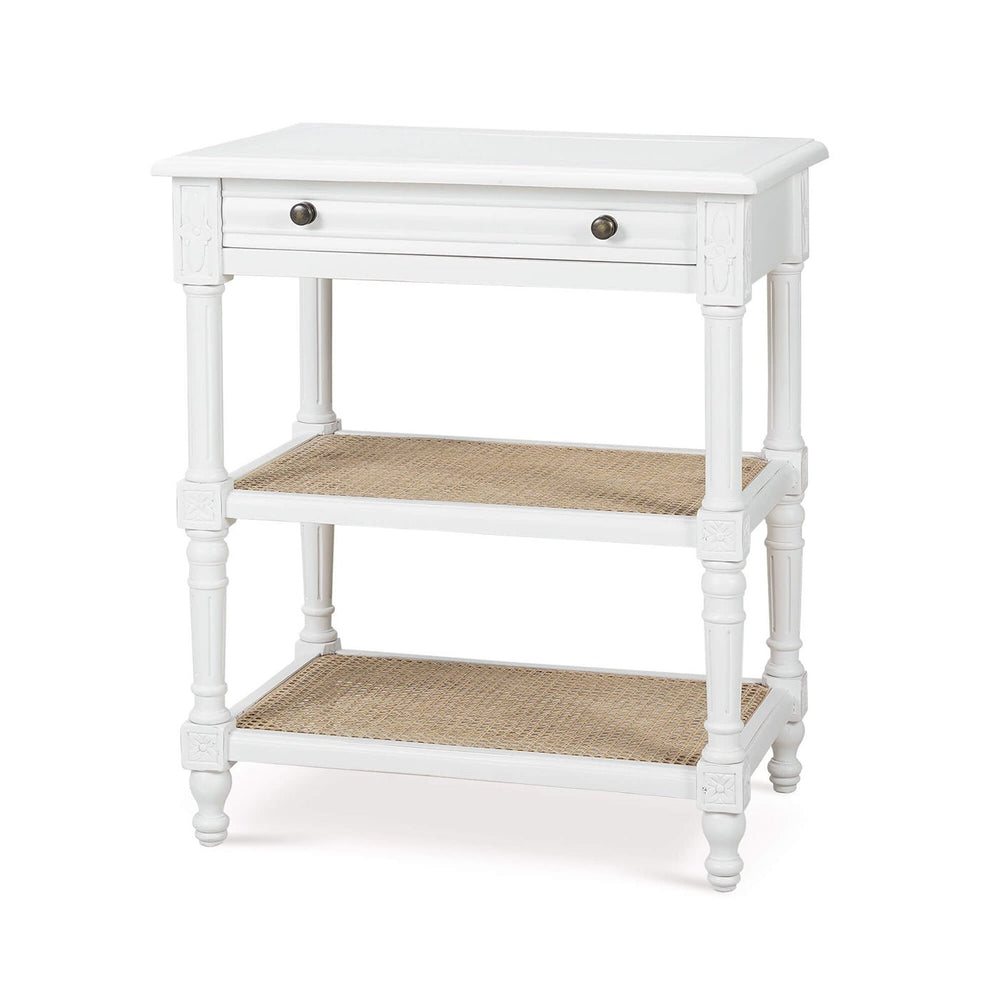 French Provincial white end table angled front view.