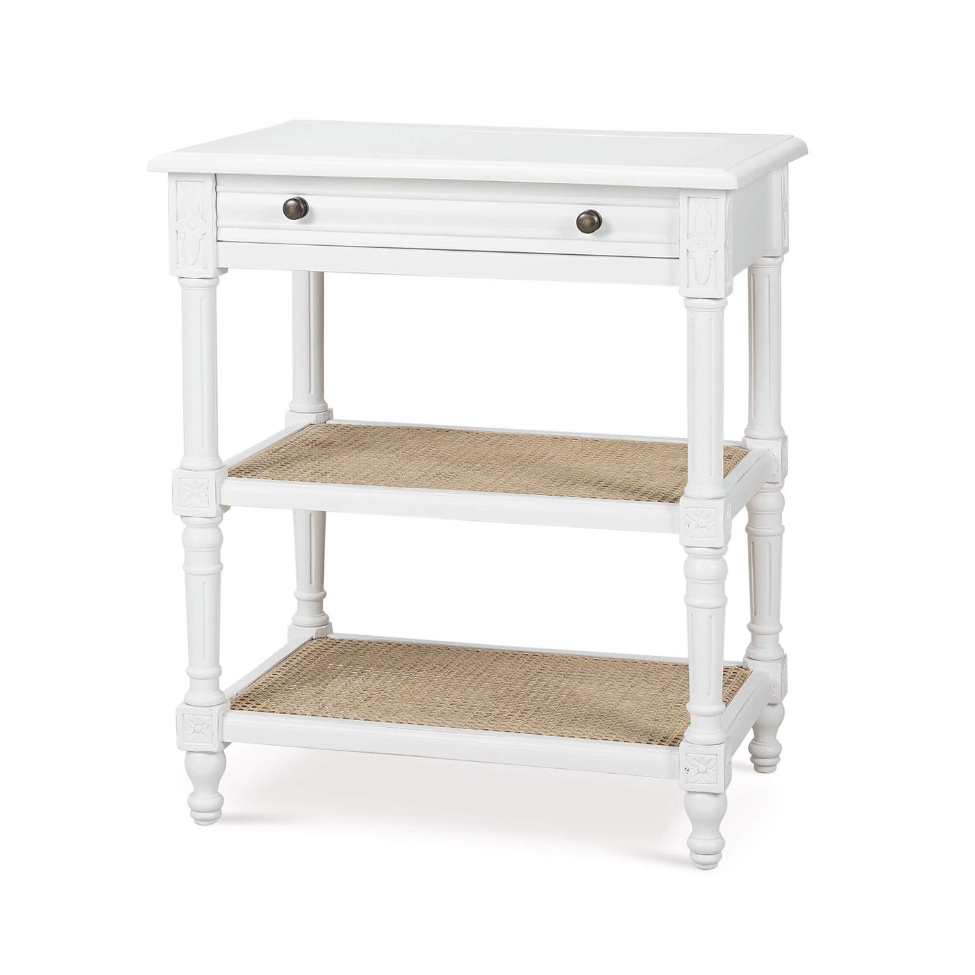 French Provincial white end table angled front view.