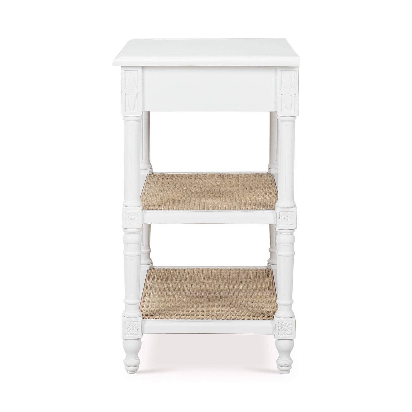 French Provincial white end table side view.