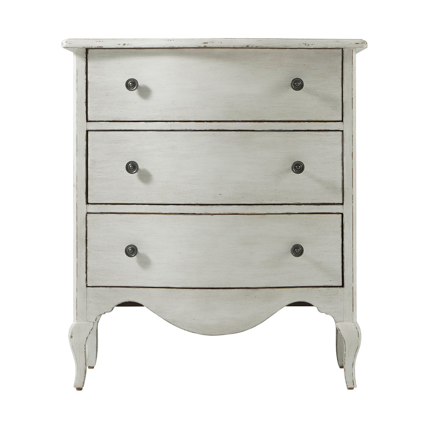 Front view of white painted nightstand with three drawers.