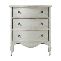 Front view of white painted nightstand with three drawers.
