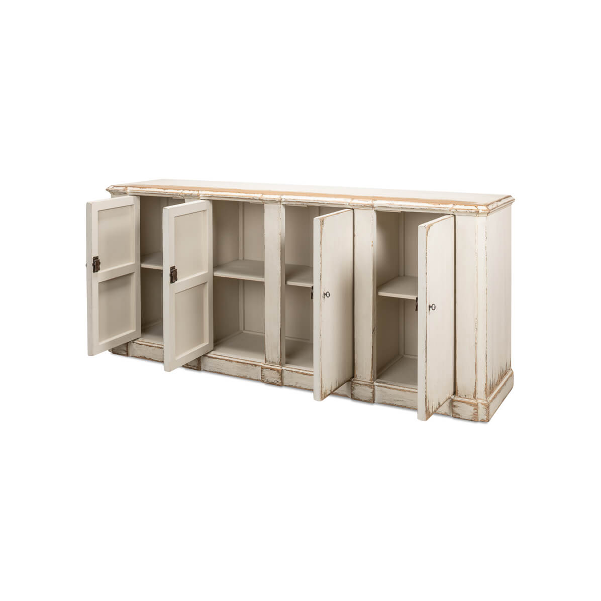 White sideboard with open doors and visible shelves.