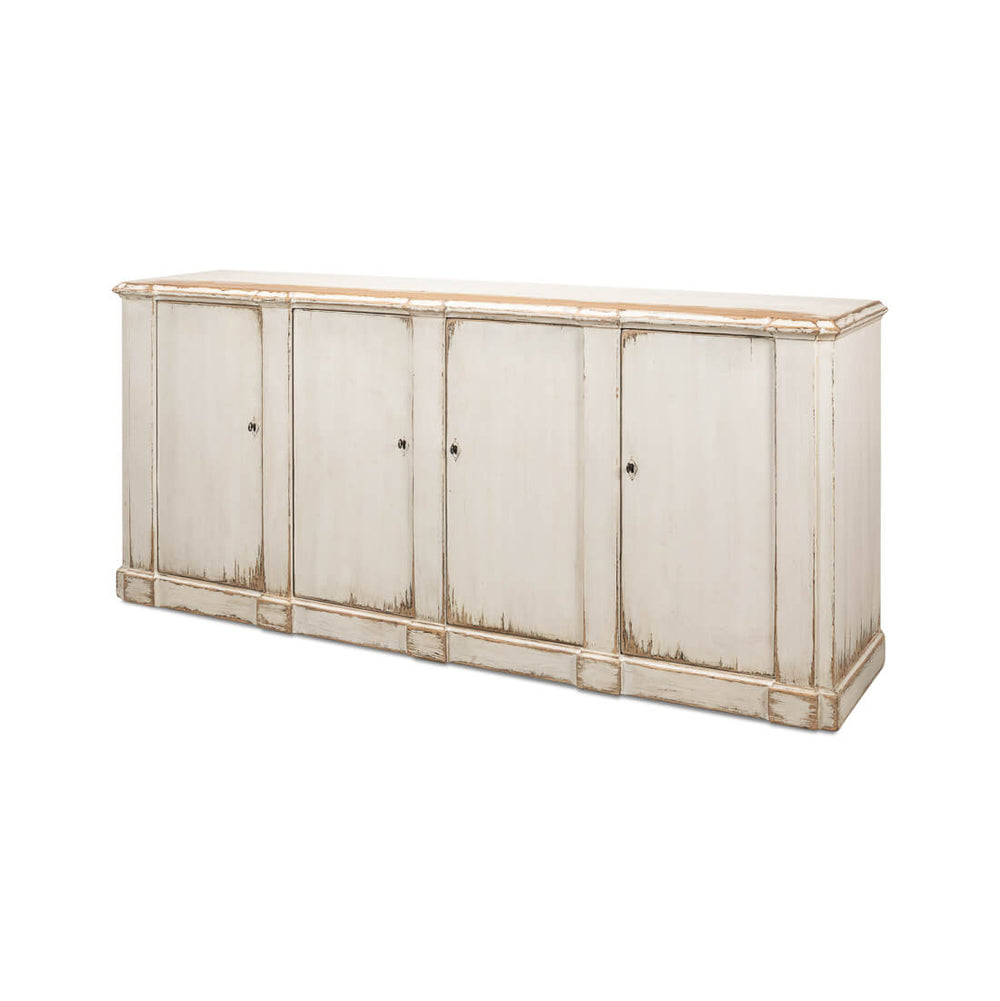 White sideboard angled view with closed doors.