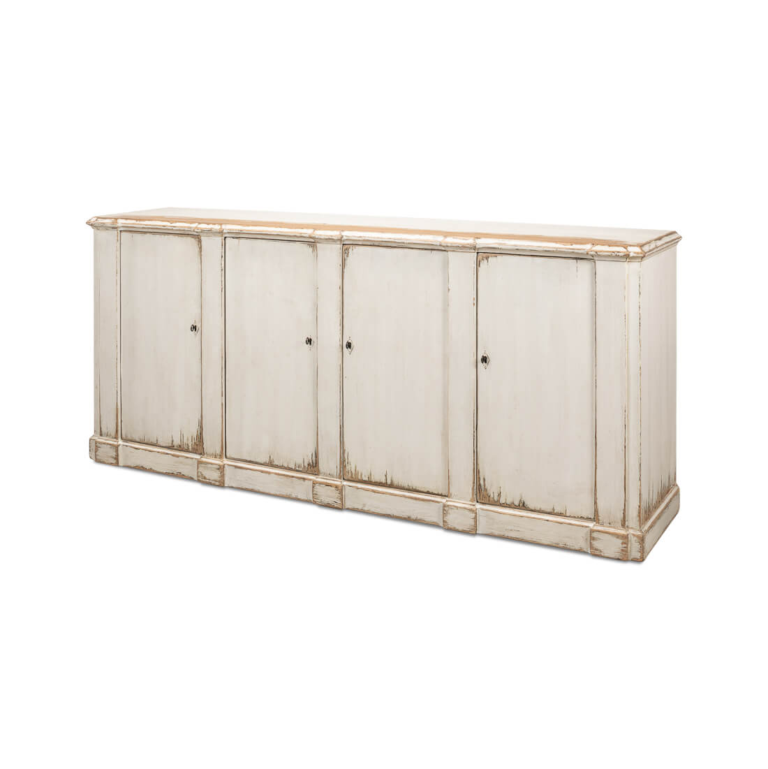 White sideboard angled view with closed doors.