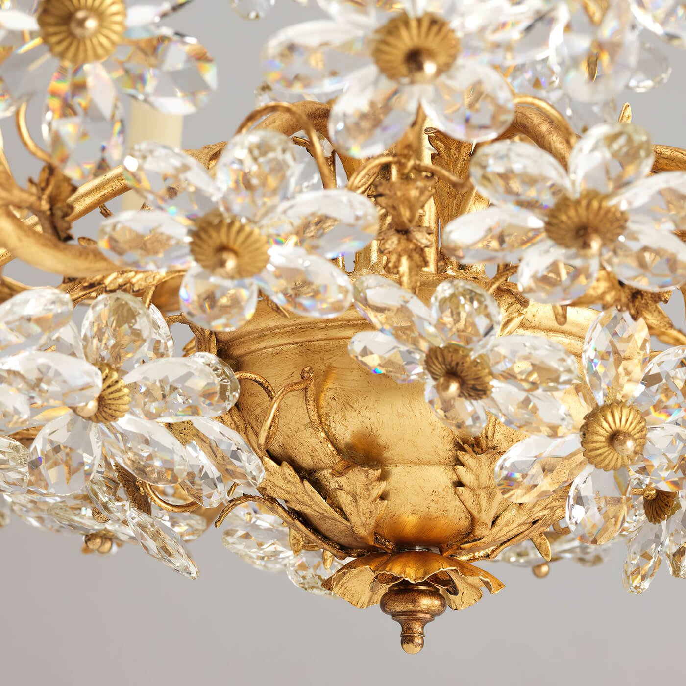 Detailed base view of French Rococo chandelier decor.