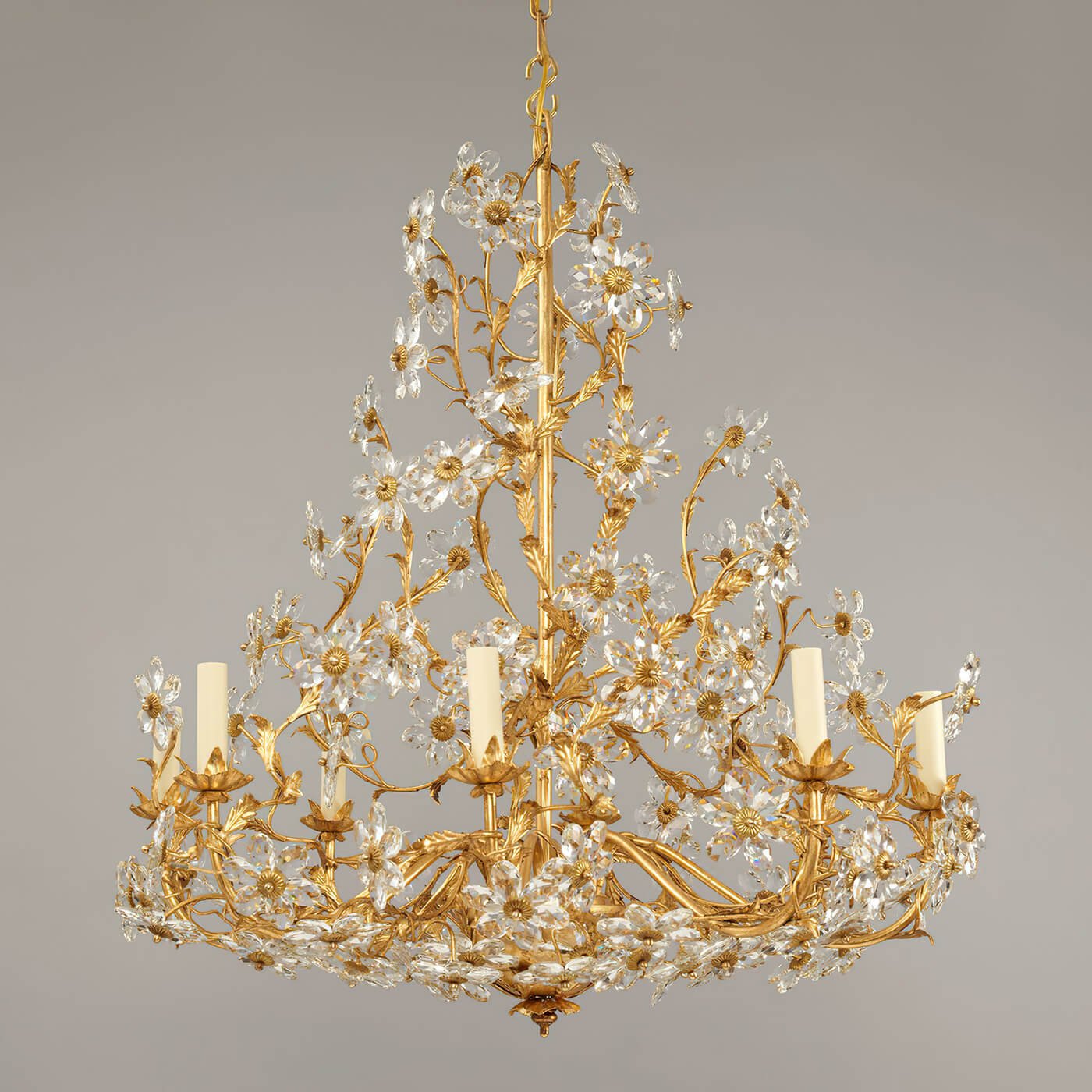 Elegant side angle of Rococo gilt chandelier design.