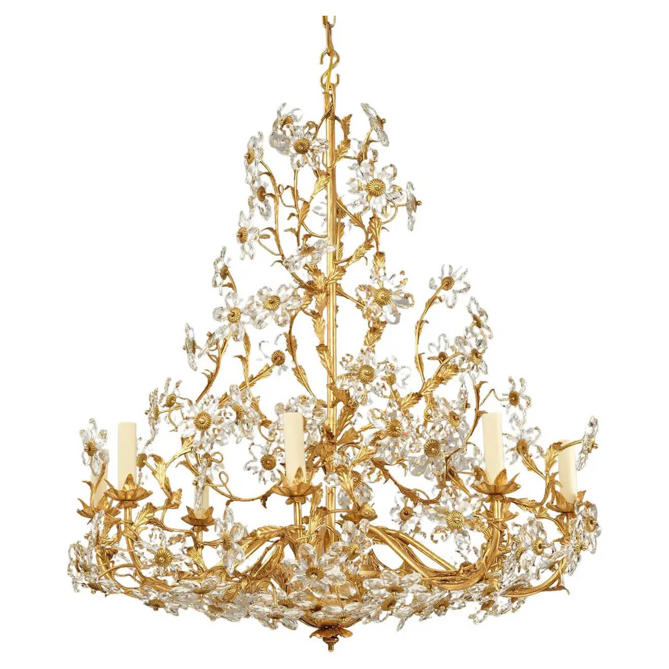 Ornate French Rococo gilt chandelier full view.