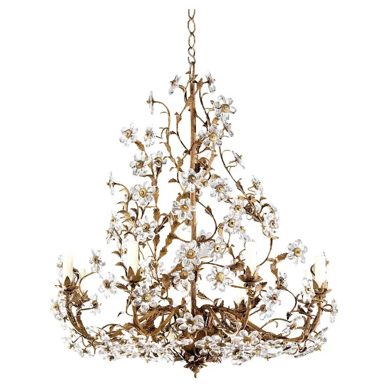 Ornate floral chandelier with crystals against white background.