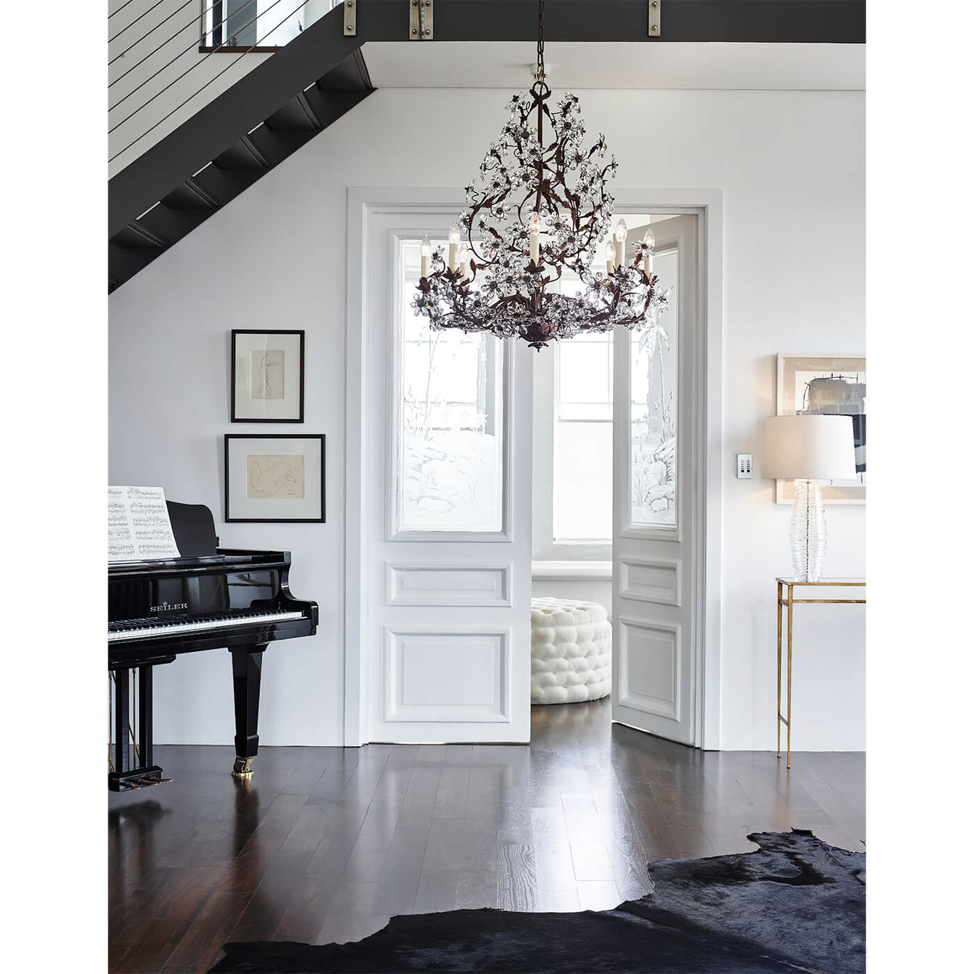French Rococo chandelier in stylish modern living room.
