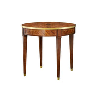 Round parquetry side table with brass accents, standalone view.