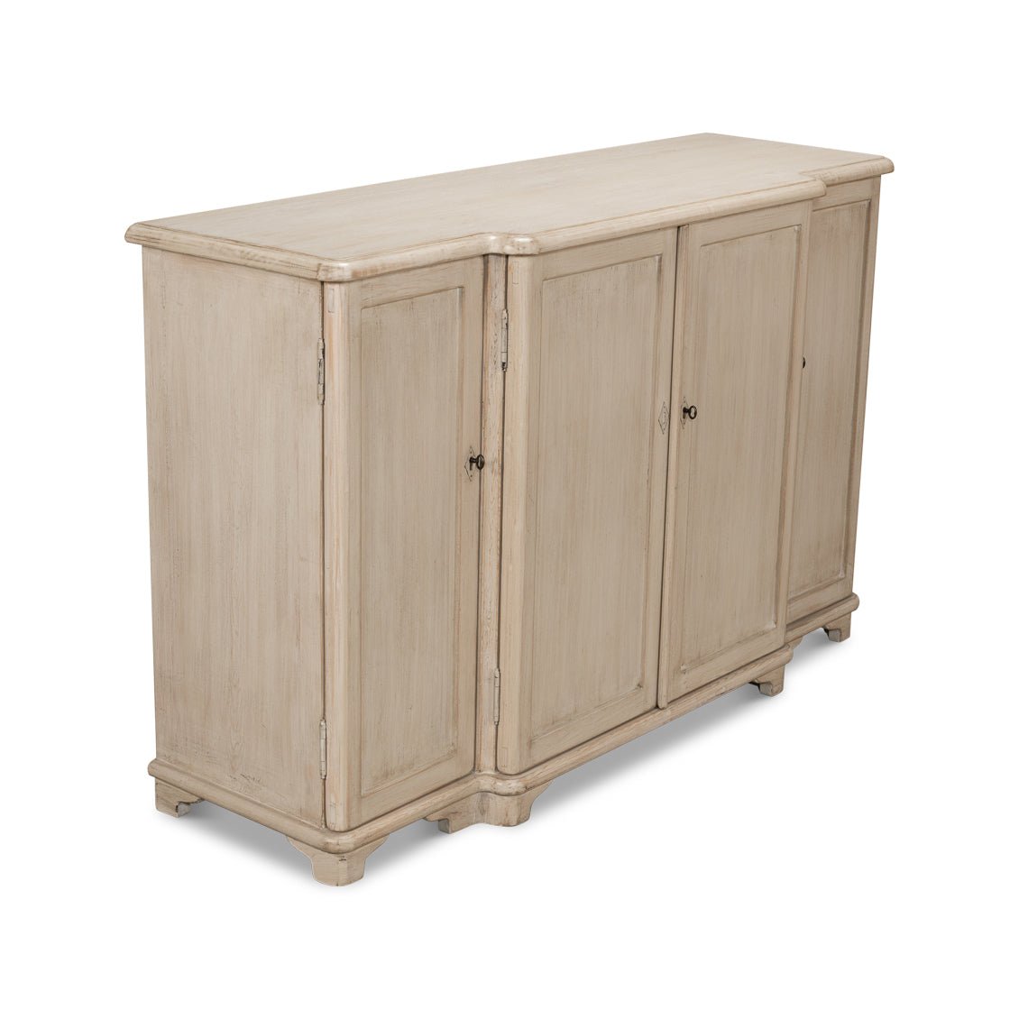 Angle view of French Stone Painted Credenza, showing design.