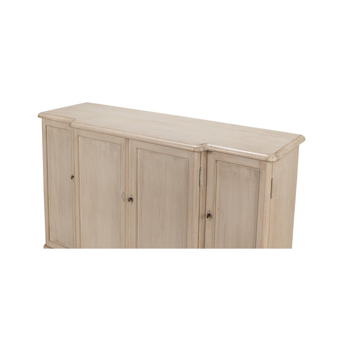 Top section of French Stone Painted Credenza, upper detail.