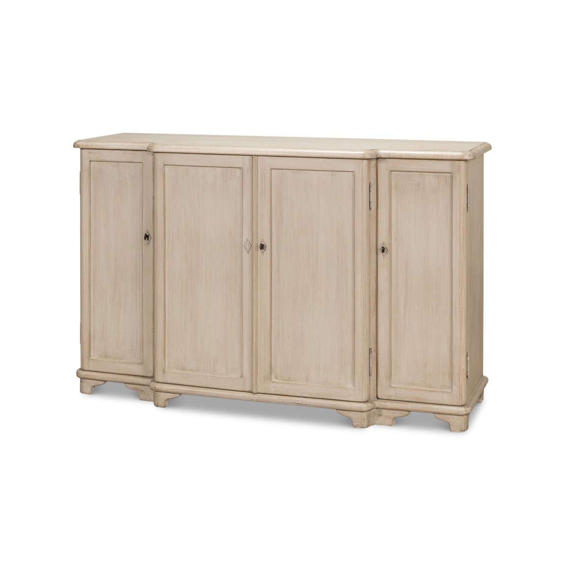 Front angle of French Stone Painted Credenza, four doors.